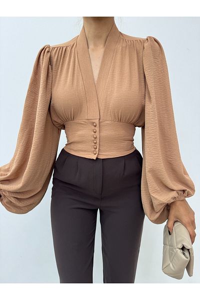 Modamorfo Mink Sandy Crop - Μανίκι μπαλονιού με κουμπιά και ελαστική πλάτη