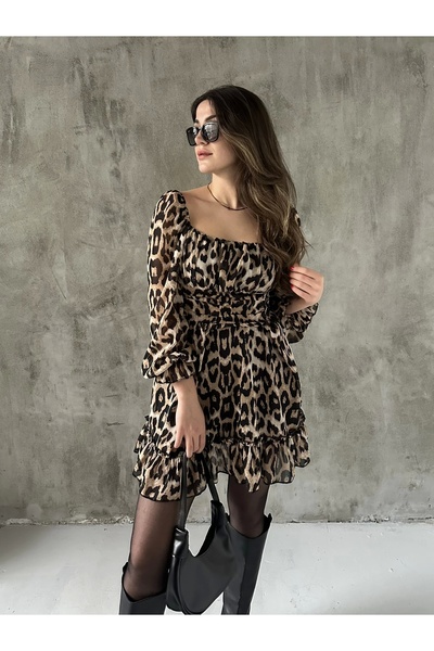 asfamoda Kadın Leopar Desenli Şifon Kumaşlı Astarlı Beli Korsalı Mini Elbise