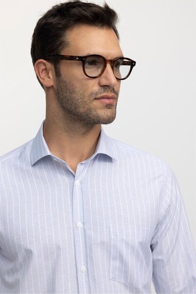 Tudors Erkek Regular Fit Klasik Kesim Pamuklu Kolay Ütü Çizgili Mavi Gömlek