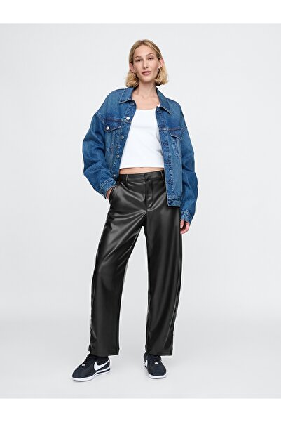 GAP Kadın Siyah Suni Vegan Deri Mid Rise Barrel Pantolon