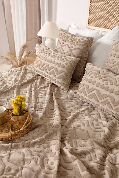 HAMUR Double Nordic Bedspread Set - Bohemian Punch Ponch Pattern, Letta Natural