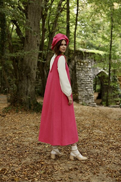 KÜÇÜĞÜM BUTİK Ροζ σφραγίδα μακρύ χειμωνιάτικο φόρεμα με λαιμόκοψη V και καπέλο σφραγίδας (σετ 2)