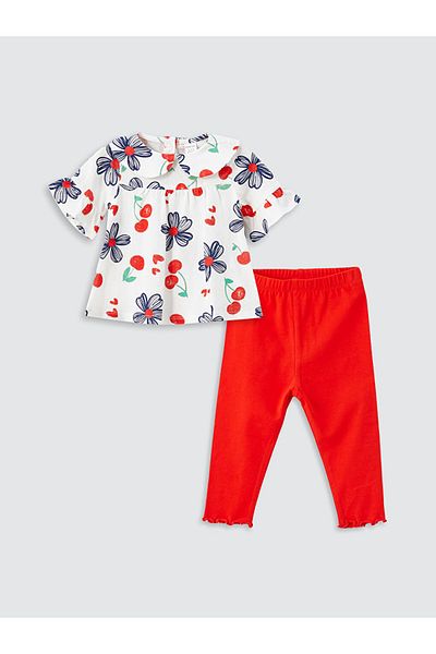 LC Waikiki LCW baby Crew Neck Short Sleeve Printed Baby Girl Blouse and Leggings 2 Pieces Set