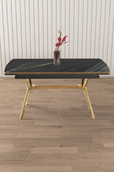 Canisa Weps Serisi 89x150 Açılabilir Lak Panel Siyah Mermer Desen Masa Gold Ayak