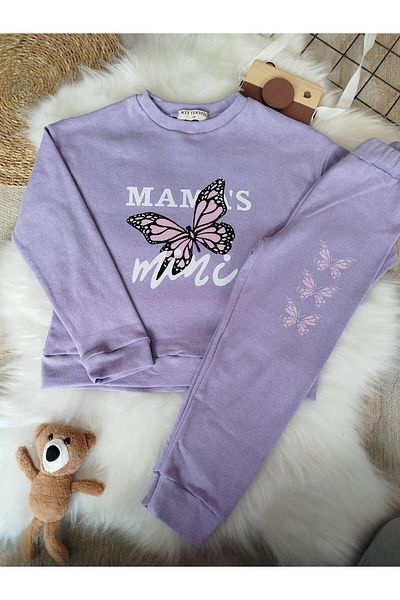 renkli diyar Butterfly Printed Crew Neck Suit Set for Girl