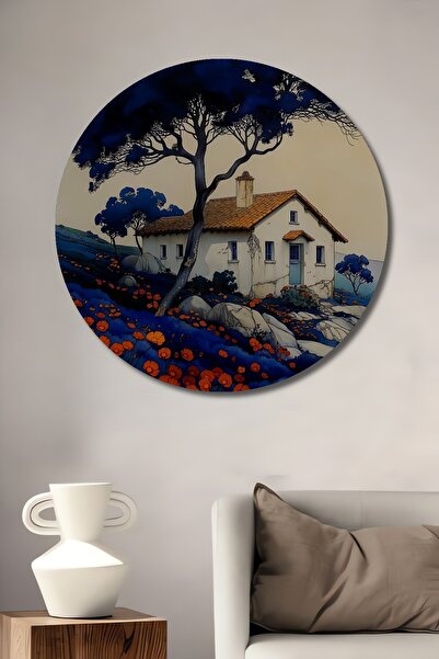 Teona Ahşap Pictură decorativă din lemn MDF cu copaci albaștri și peisaj cu flori, pictură rotundă