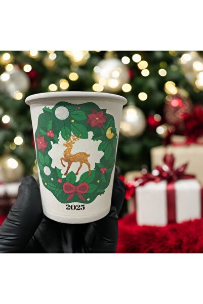 SBS 2025 Yılbaşı-Noel-Yılbaşı konseptli Tek kullanımlık 7 Oz 50 Adet Karton Bardak