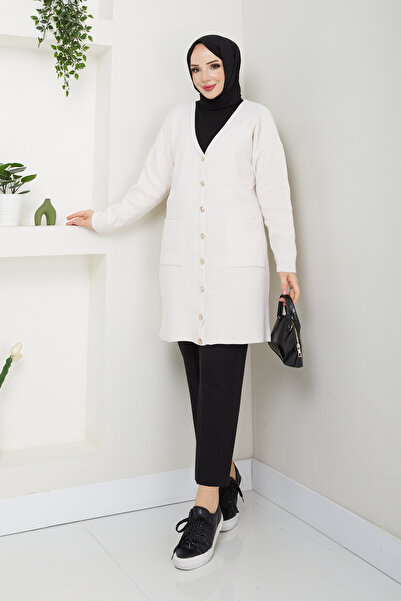 Pamuk Butik Women's Chenille Velvet Yarn Pocket Knitwear Cardigan