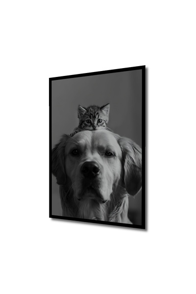 Teona Ahşap Çerçeve Görünümlü Korkusuz Kedi ve Sadık Köpek Dekoratif Ahşap MDF Tablo Dikdörtgen Tablo