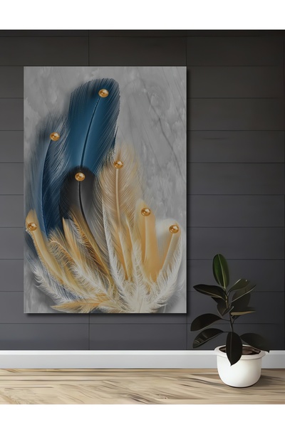 Teona Ahşap Pictură decorativă de perete din lemn MDF cu pene albastre și aur...