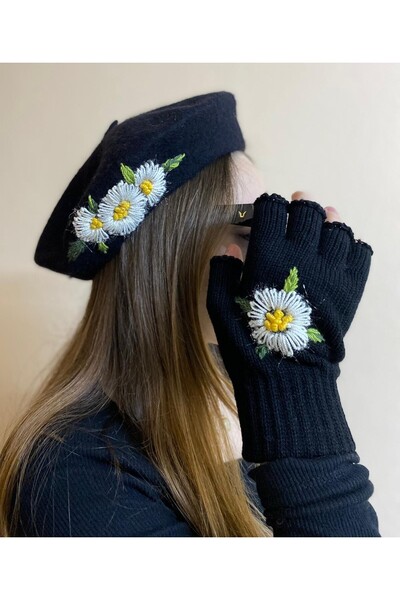 sema aksesuar New Year's Gift Handmade Daisy Floral Processing Black Painter Beret with Fingers Cut Out Gloves Set of 2