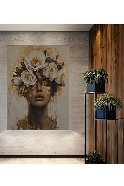 Teona Ahşap Portret de femeie cu flori aurii, pictură decorativă din lemn MDF...