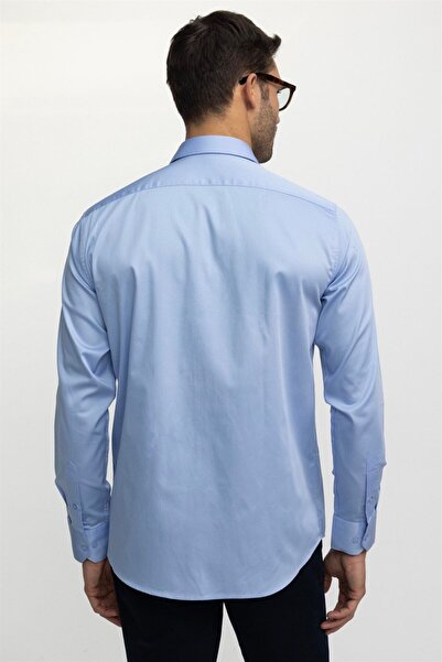 Tudors Klasik Fit Uzun Kollu Rahat Kesim Pamuk Saten Erkek Mavi Gömlek