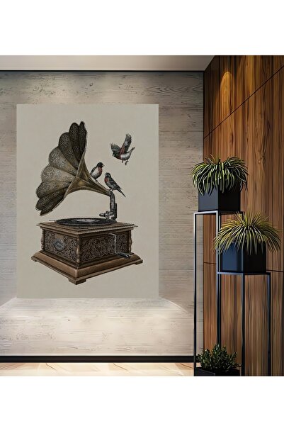 Teona Ahşap Nostaljik Gramofon ve Kuşlar Dekoratif Ahşap MDF Tablo Dikdörtgen...