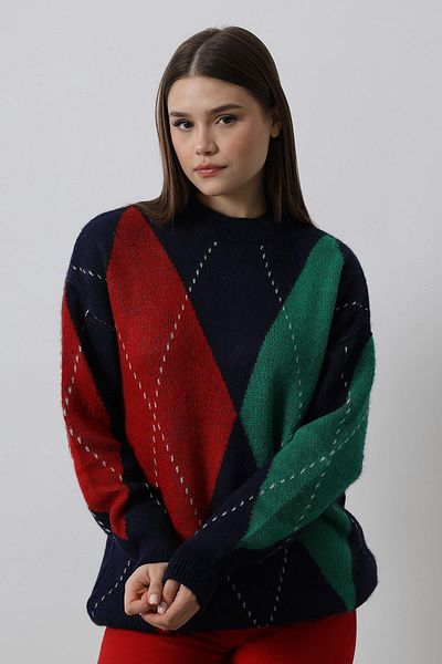 Le Savu Shilsee Women's Baklava Patterned Claret Red-Dark Blue-Green Knitting Bluz
