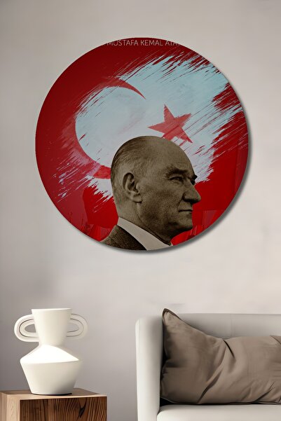 Teona Ahşap Pictură decorativă pe perete din lemn MDF Ataturk pentru casă/loc de muncă Pictură rotundă pe perete pentru casă/loc de muncă