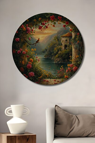 Teona Ahşap Peisaj fermecător de grădină cu flori, pictură decorativă din lemn MDF, pictură rotundă