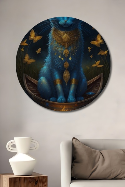 Teona Ahşap Mystic Blue pisică și fluturi pictură decorativă din lemn MDF pictură rotundă