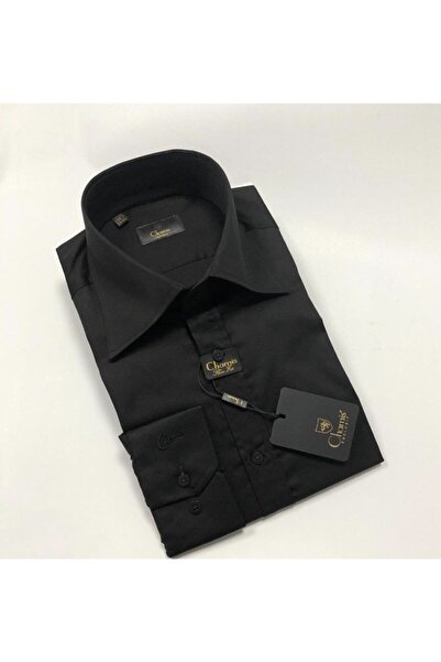 Chamis قميص Slimfit من الساتان الأسود بياقة من الصوف