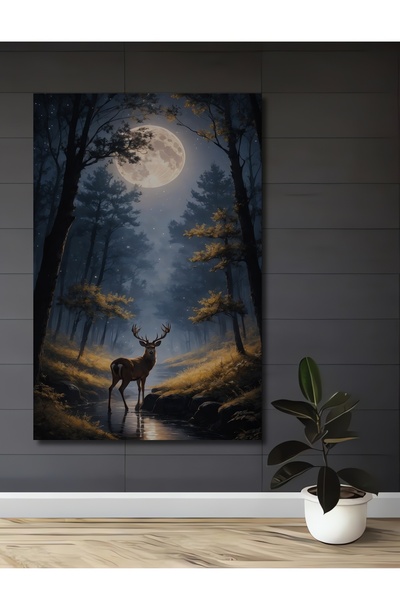 Teona Ahşap Forest Deer in Moonlight Decorative Wood Mdf Home/Workplace Wall ...