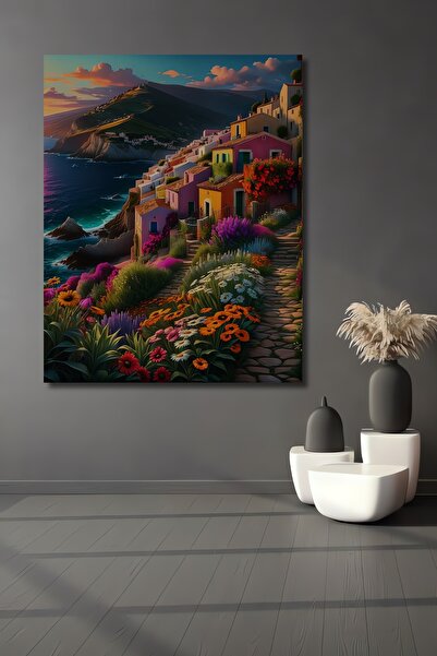 Teona Ahşap Tablou decorativ din lemn MDF, orașul mediteranean colorat de vis, tablou dreptunghiular