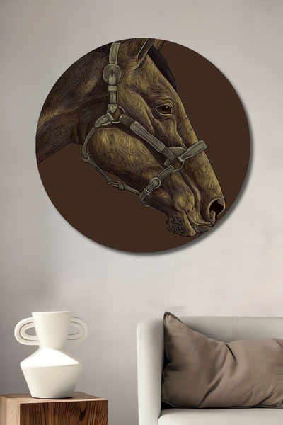 Teona Ahşap Pictură decorativă din lemn MDF cu cap de cal pentru perete pentru casă/lugar de muncă Pictură rotundă pentru perete pentru casă/lugar de muncă
