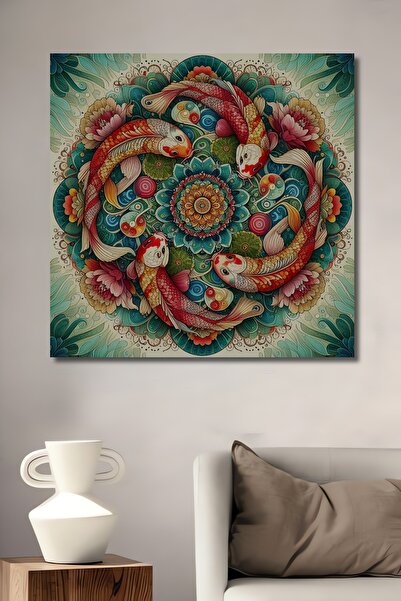 Teona Ahşap Mandala Koi Balık Dekoratif Ahşap MDF Ev/İşyeri Duvar Tablo Dikdö...