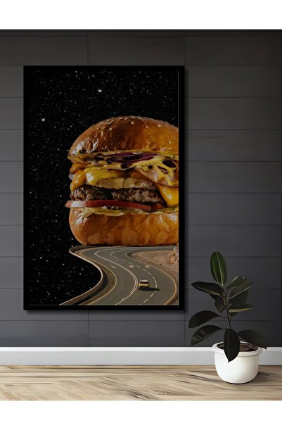 Teona Ahşap Çerçeve Görünümlü Uzayda Dev Burger Yolculuğu Ahşap MDF Dekoratif Tablo Dikdörtgen Tablo