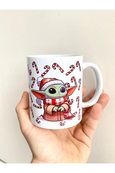 NUBİLUM Yılbaşı Özel Baby Yoda Kolaj Beyaz Hediyelik Porselen Kulplu Kupa