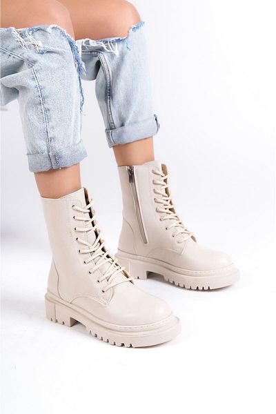 sefayol Γυναικείες μπότες Alina Beige Matte Leather Lace Up