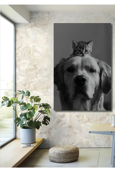 Teona Ahşap Korkusuz Kedi ve Sadık Köpek Dekoratif Ahşap MDF Tablo Dikdörtgen...