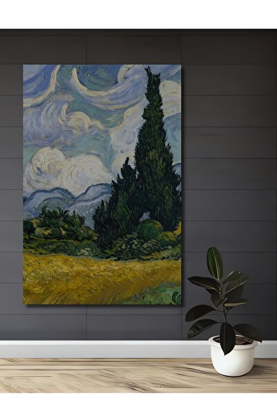 Teona Ahşap Pictură decorativă din lemn MDF Van Gogh, cu cipress și câmp de grâu, pictură dreptunghiulară