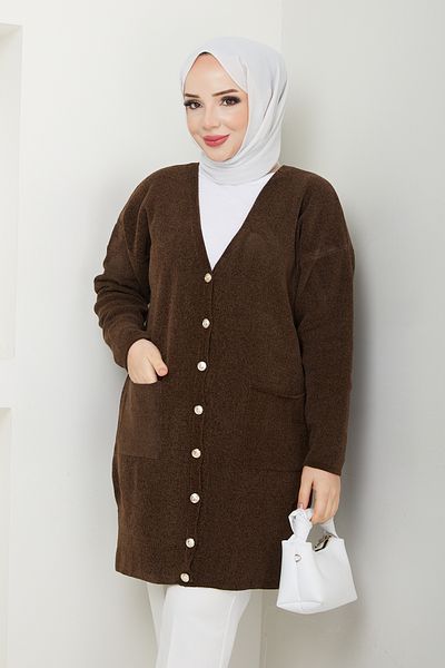 Pamuk Butik Γυναικεία Ζακέτα Πλεκτό με βελούδινο νήμα σενίλ με τσέπες