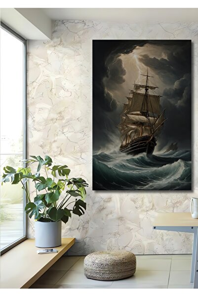 Teona Ahşap Fırtınalı Denizlerde Yelkenli Ahşap MDF Dekoratif Tablo Dikdörtge...