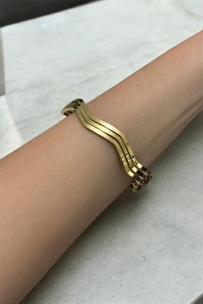 Feraye Aksesuar ÜÇLÜ ZİKZAK AJDA BİLEZİK GOLD ÇELİK