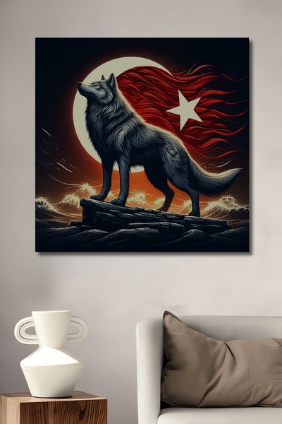 Teona Ahşap Bozkurt Ay Yıldız Ahşap MDF Dekoratif Ev/İşyeri Duvar Tablo Dikdö...