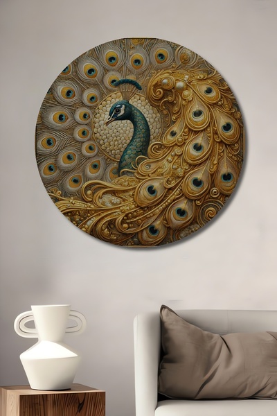 Teona Ahşap Pictură decorativă din lemn MDF cu pene de aur, pictură rotundă