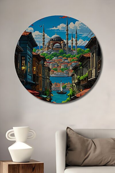 Teona Ahşap Tablou rotund din lemn MDF decorativ cu peisaj stradal picant din...