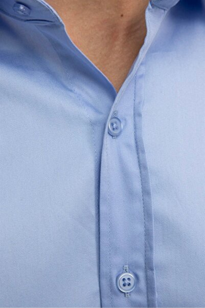 Tudors Klasik Fit Uzun Kollu Rahat Kesim Pamuk Saten Erkek Mavi Gömlek