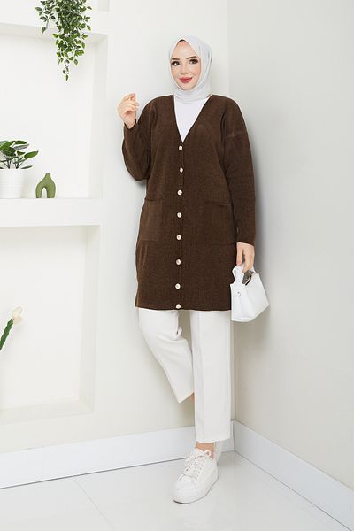 Pamuk Butik Γυναικεία Ζακέτα Πλεκτό με βελούδινο νήμα σενίλ με τσέπες