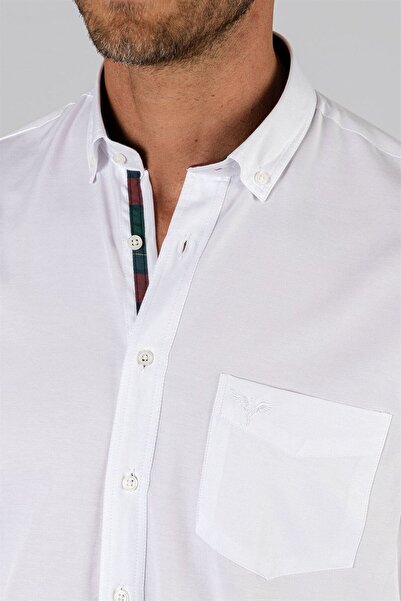 Tudors Erkek Regular Fit Klasik Kesim Pamuklu Oxford Doku Tek Cepli Beyaz Düğmeli Yaka Gömlek