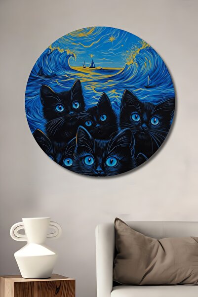 Teona Ahşap Tablou decorativ din lemn MDF cu ochi albaștri în noapte înstelată, pisică cm, tablou rotund