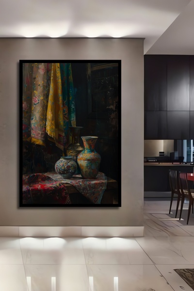 Teona Ahşap Çerçeve Görünümlü Vintage Çini Vazo İle Ahşap MDF Dekoratif Ev Du...