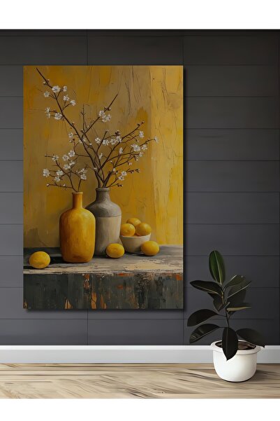 Teona Ahşap Sarı Vazoda Limonlar Dekoratif Ahşap MDF Ev/İşyeri Duvar Tablo Di...