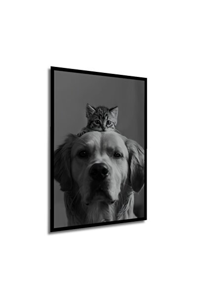 Teona Ahşap Çerçeve Görünümlü Korkusuz Kedi ve Sadık Köpek Dekoratif Ahşap MDF Tablo Dikdörtgen Tablo