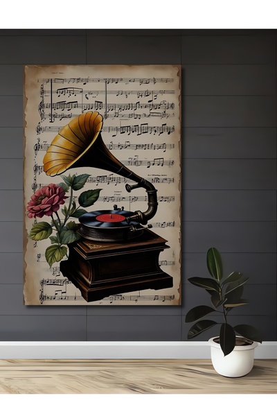 Teona Ahşap Gramophone and Rose Themed Decorative Wood Mdf Home/Workplace Wal...