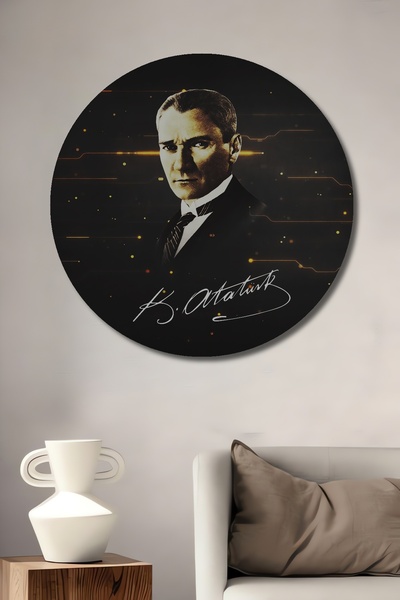 Teona Ahşap Pictură decorativă pe perete din lemn MDF Ataturk pentru casă/loc de muncă Pictură rotundă pe perete pentru casă/loc de muncă