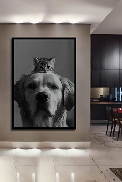 Teona Ahşap Çerçeve Görünümlü Korkusuz Kedi ve Sadık Köpek Dekoratif Ahşap MDF Tablo Dikdörtgen Tablo