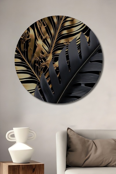 Teona Ahşap Tablou decorativ din lemn MDF cu frunze tropicale aurii negre Tablou rotund