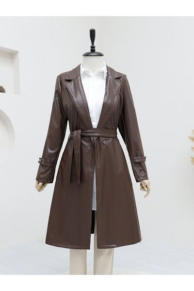 Modamorfo Trenchcoat mit Ledergürtel und Seitentaschen – Braun